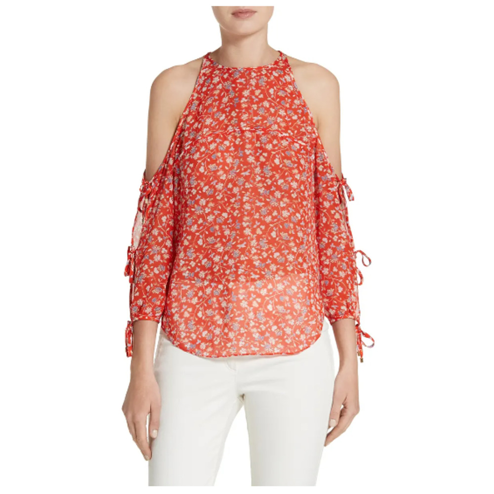 Cold-Shoulder Floral Halter Top in Red
